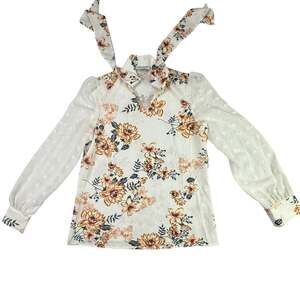 Kate Kasin Women's Floral Long Sleeve Tie-Neck Blouse with Swiss Dot Sleeves